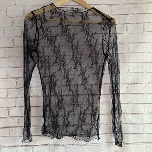 Black Sheer Lace Long Sleeve Top